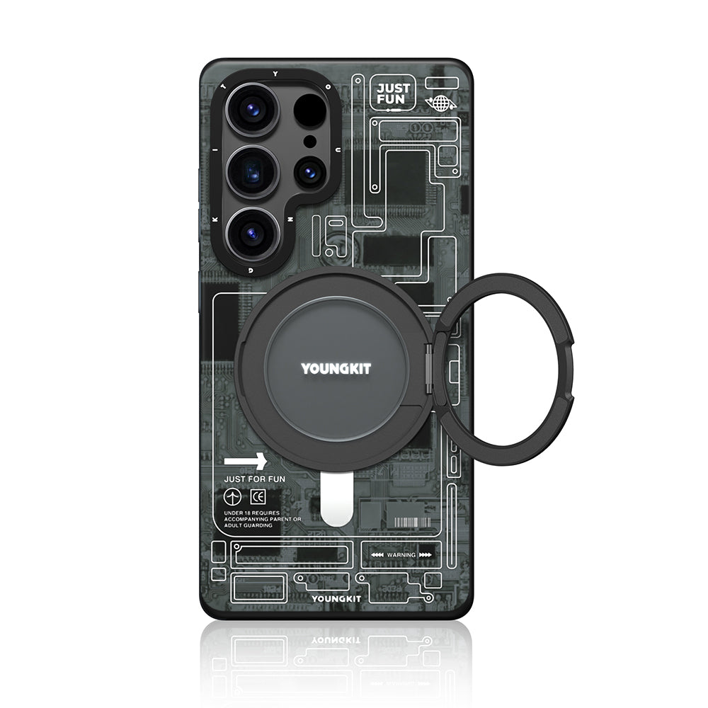 Galaxy S25 Ultra Kılıf M-safe Şarj Özellikli Youngkit 360° Standlı Technology Serisi Kapak Mavi