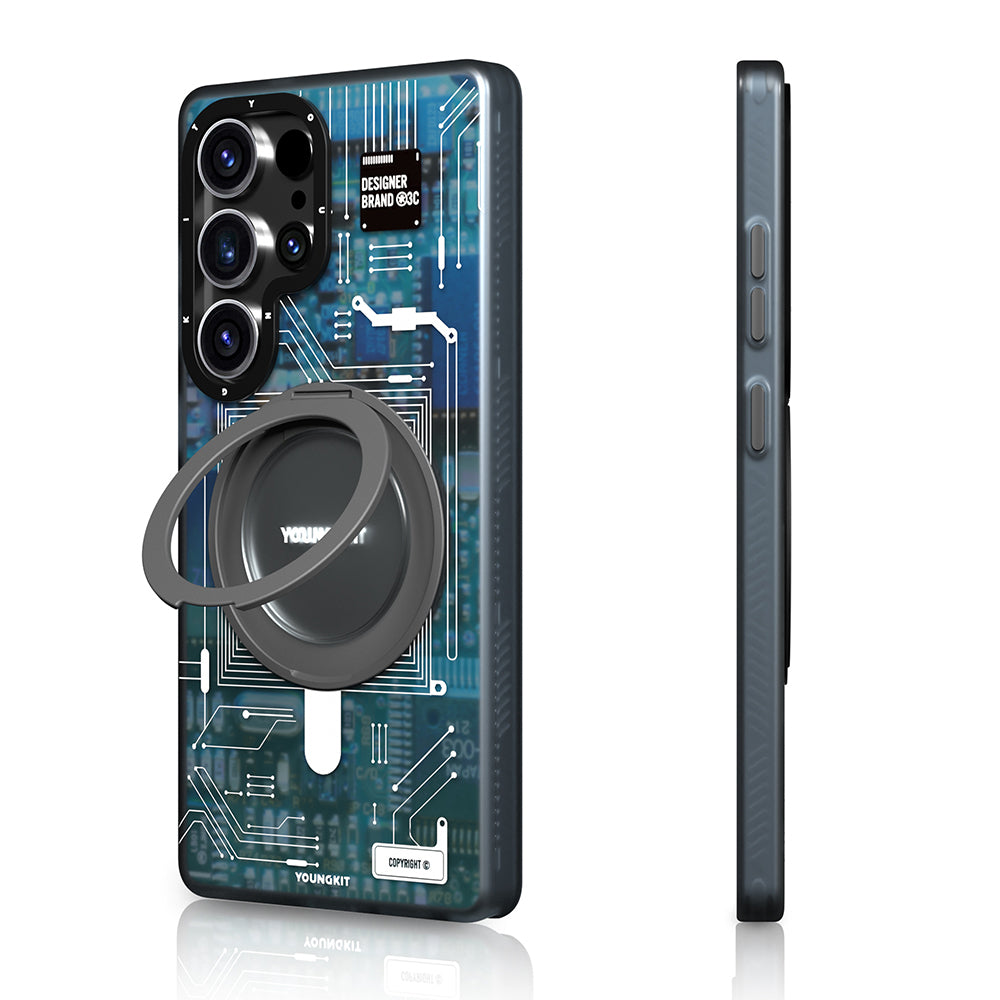 Galaxy S25 Ultra Kılıf M-safe Şarj Özellikli Youngkit 360° Standlı Technology Serisi Kapak Mavi