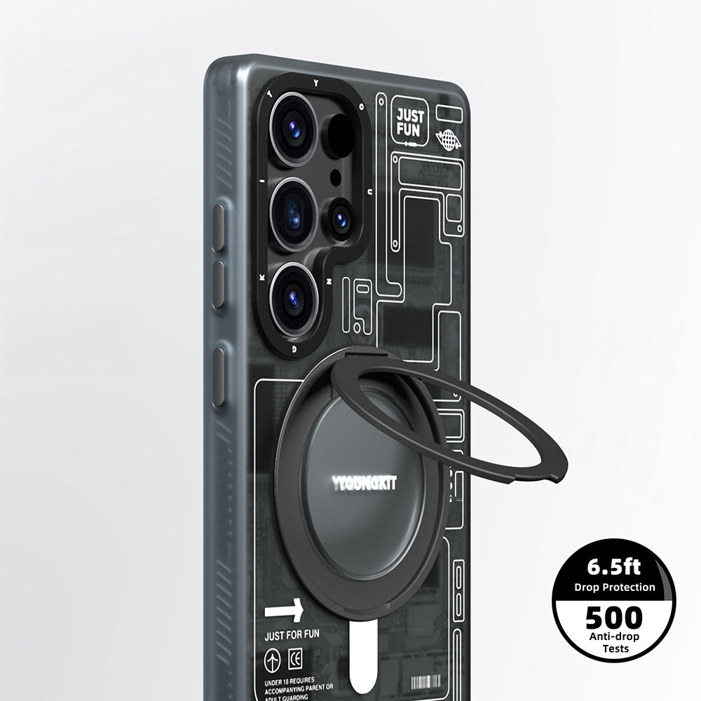 Galaxy S25 Ultra Kılıf M-safe Şarj Özellikli Youngkit 360° Standlı Technology Serisi Kapak Mavi