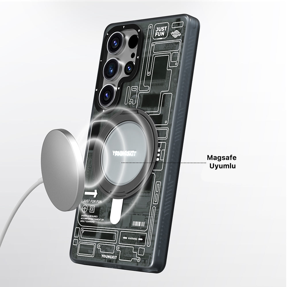 Galaxy S25 Ultra Kılıf M-safe Şarj Özellikli Youngkit 360° Standlı Technology Serisi Kapak Gri