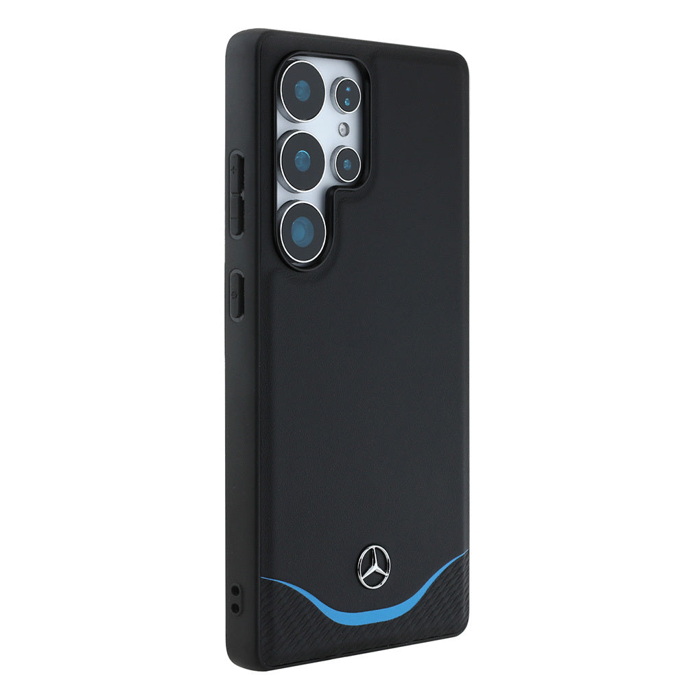 Galaxy S25 Ultra Kılıf Mercedes Benz Orjinal Lisanslı M-safe Şarj Özellikli 3D Metal Logolu Mavi Yatay Eğri Çizgili Deri Kapak Siyah