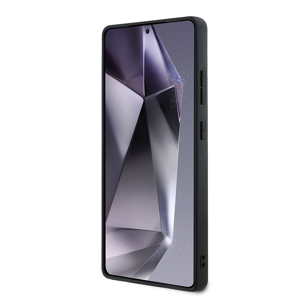 Galaxy S25 Ultra Kılıf Mercedes Benz Orjinal Lisanslı M-safe Şarj Özellikli 3D Metal Logolu Mavi Yatay Eğri Çizgili Deri Kapak Siyah