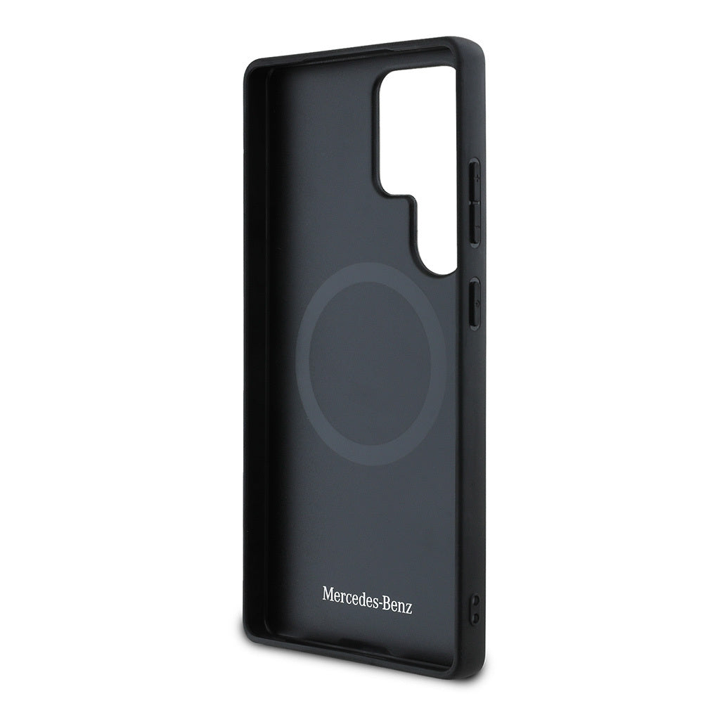 Galaxy S25 Ultra Kılıf Mercedes Benz Orjinal Lisanslı M-safe Şarj Özellikli 3D Metal Logolu Mavi Yatay Eğri Çizgili Deri Kapak Siyah