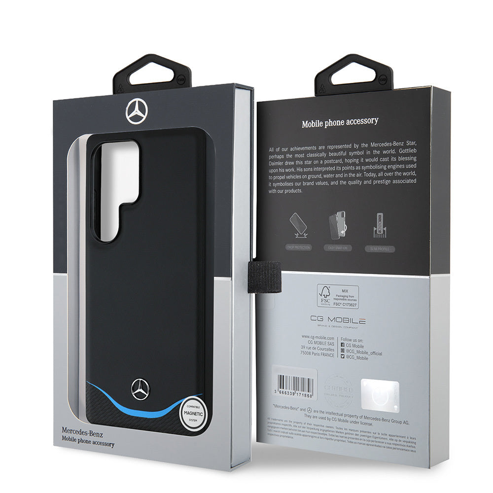 Galaxy S25 Ultra Kılıf Mercedes Benz Orjinal Lisanslı M-safe Şarj Özellikli 3D Metal Logolu Mavi Yatay Eğri Çizgili Deri Kapak Siyah