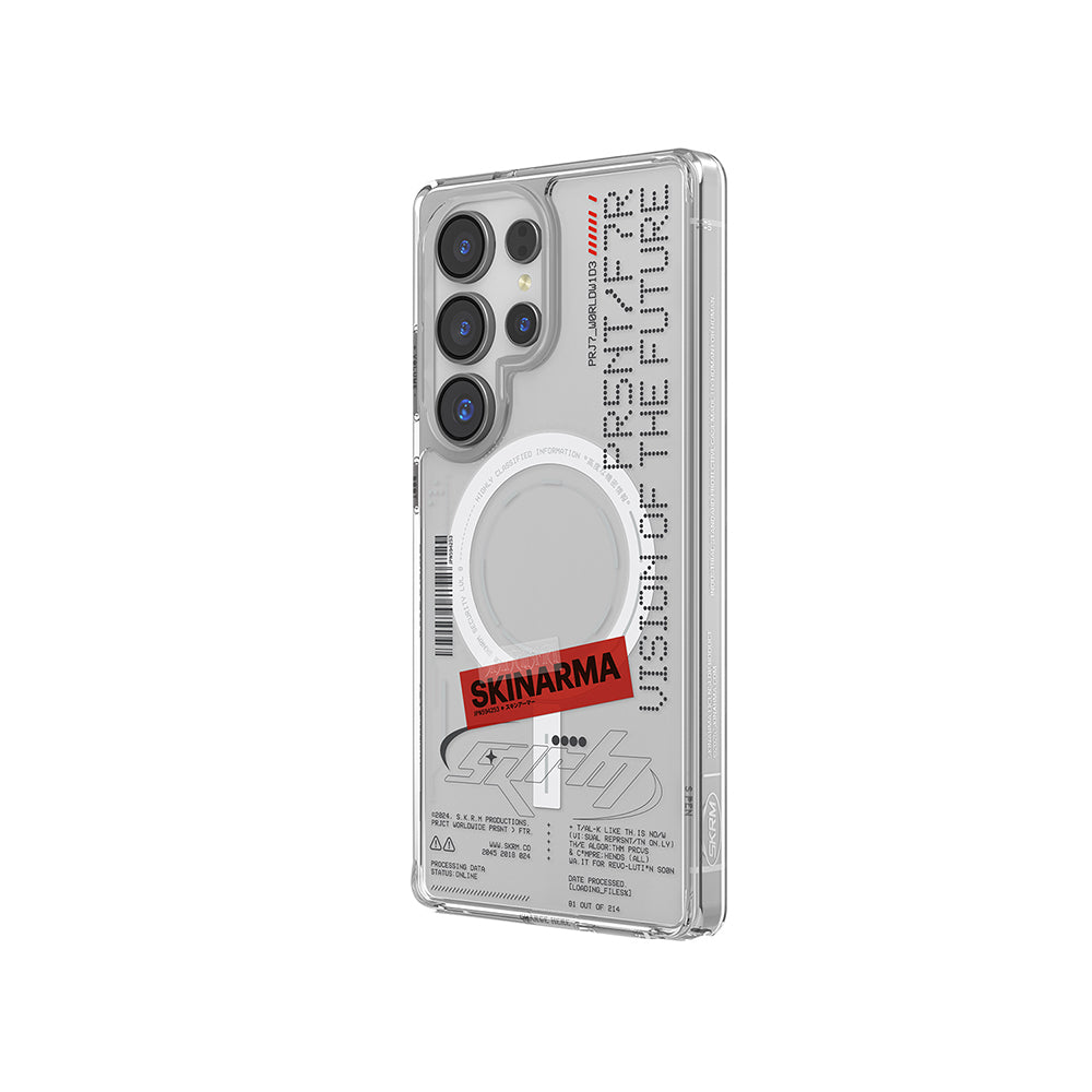 Galaxy S25 Ultra Kılıf Skinarma M-safe Şarj Özellikli Yazı Desenli Airbag Tasarımlı Orion Kapak Şeffaf