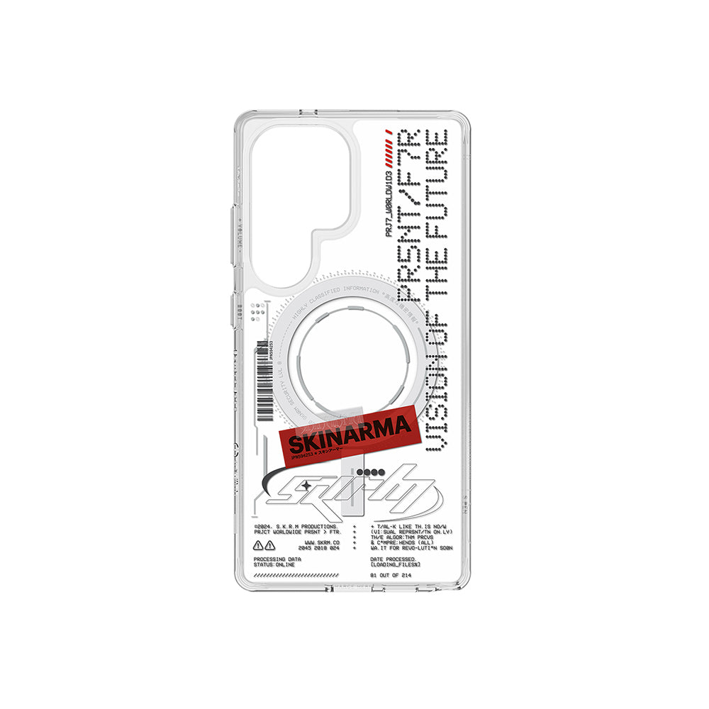 Galaxy S25 Ultra Kılıf Skinarma M-safe Şarj Özellikli Yazı Desenli Airbag Tasarımlı Orion Kapak Şeffaf