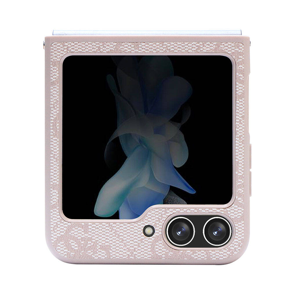 Galaxy Z Flip 5 Kılıf Guess Orjinal Lisanslı PU Deri Taşlı Üçgen Logo 4G Desenli Strass Kapak Pembe