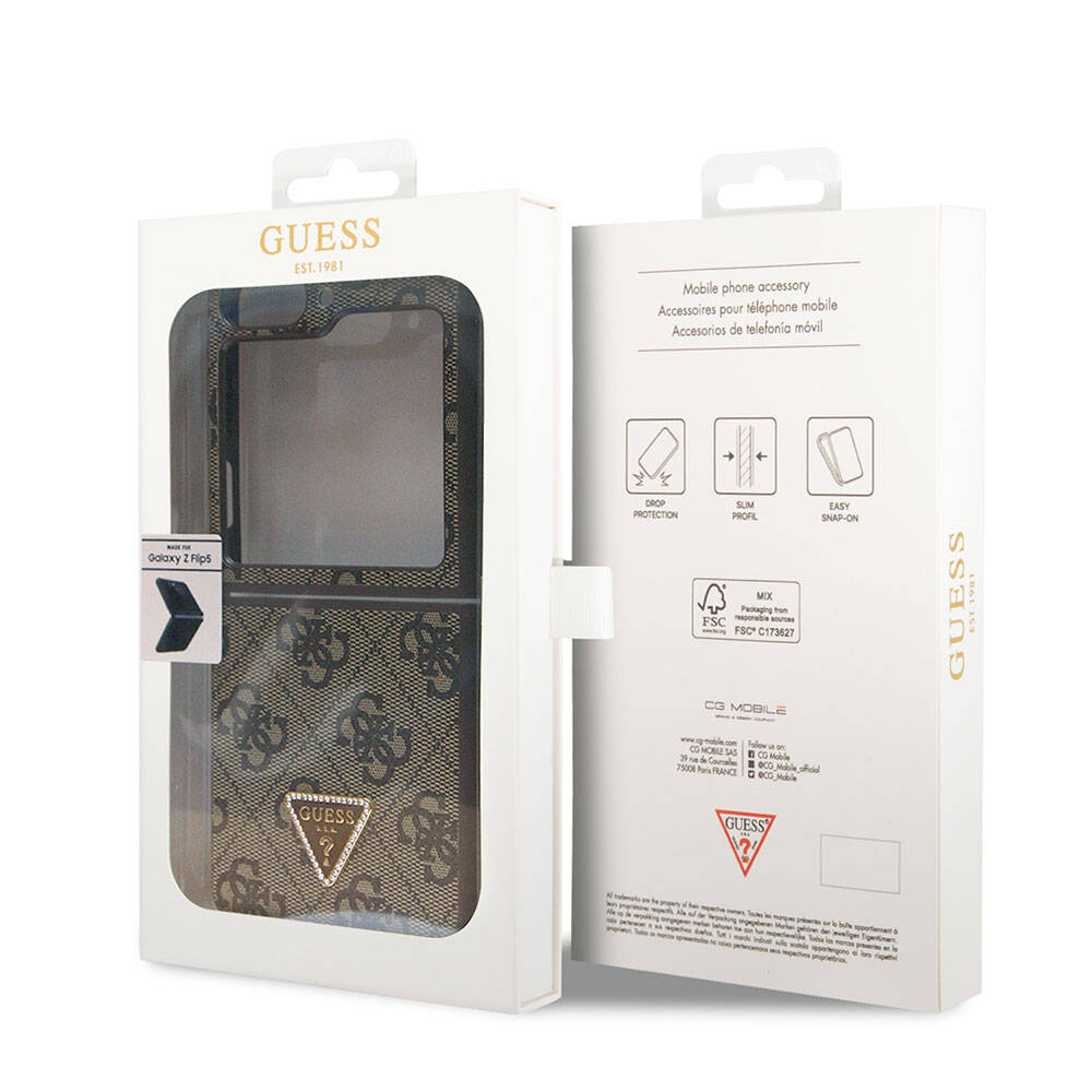 Galaxy Z Flip 5 Kılıf Guess Orjinal Lisanslı PU Deri Taşlı Üçgen Logo 4G Desenli Strass Kapak Kahverengi