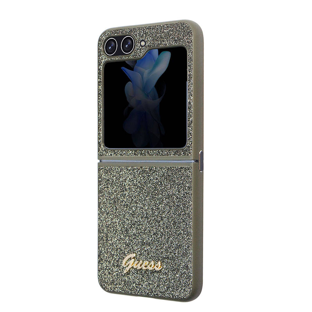 Galaxy Z Flip 5 Kılıf Guess Orjinal Lisanslı Yazı Logolu Glitter Flakes Kapak Haki