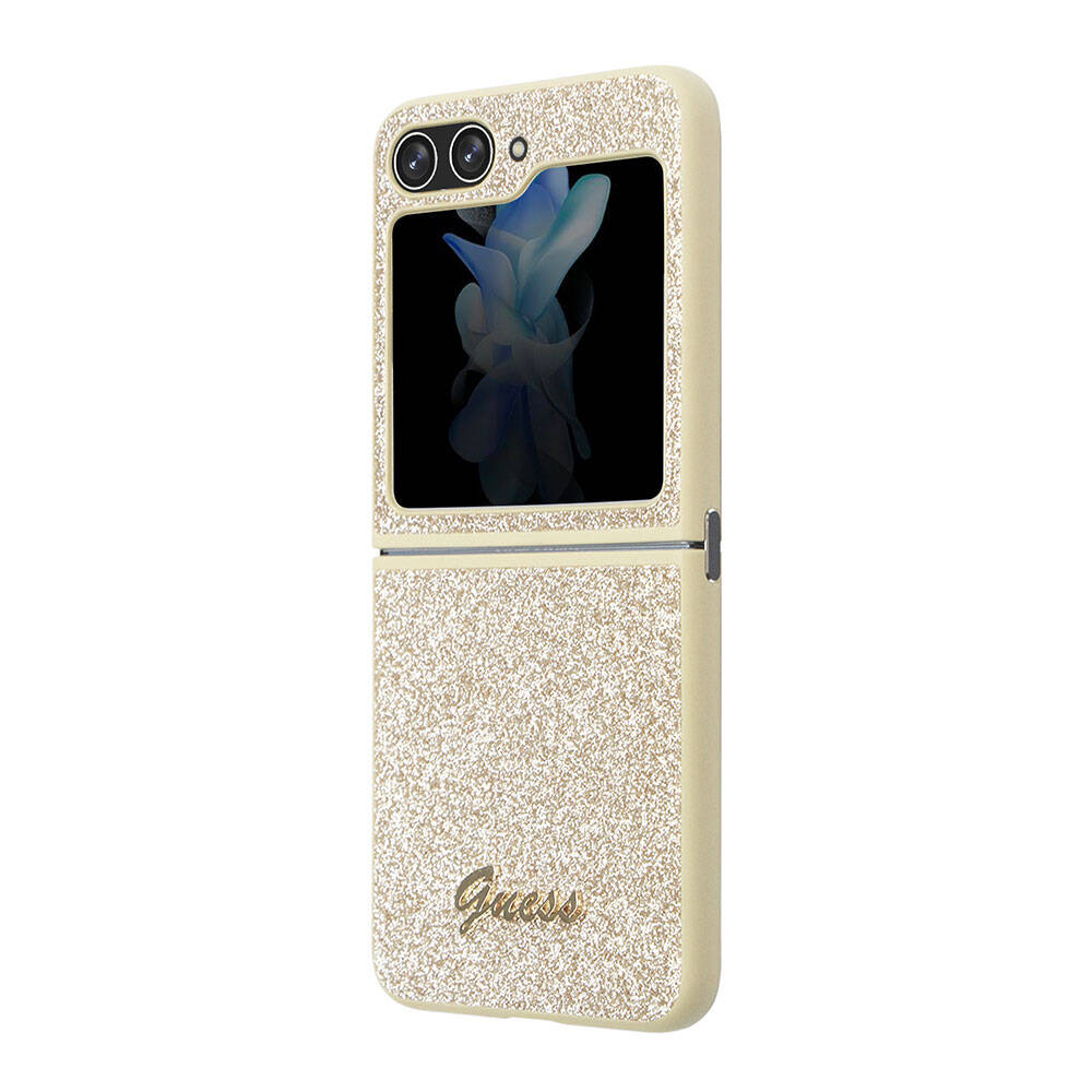 Galaxy Z Flip 5 Kılıf Guess Orjinal Lisanslı Yazı Logolu Glitter Script Kapak Gold