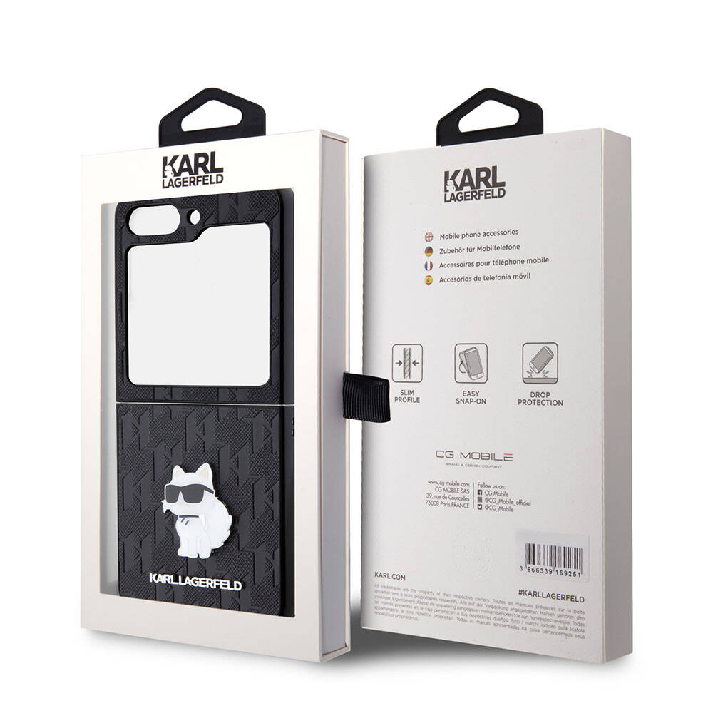Galaxy Z Flip 5 Kılıf Karl Lagerfeld Orjinal Lisanslı KL Desenli Choupette İkonik Saffiano Kapak Siyah
