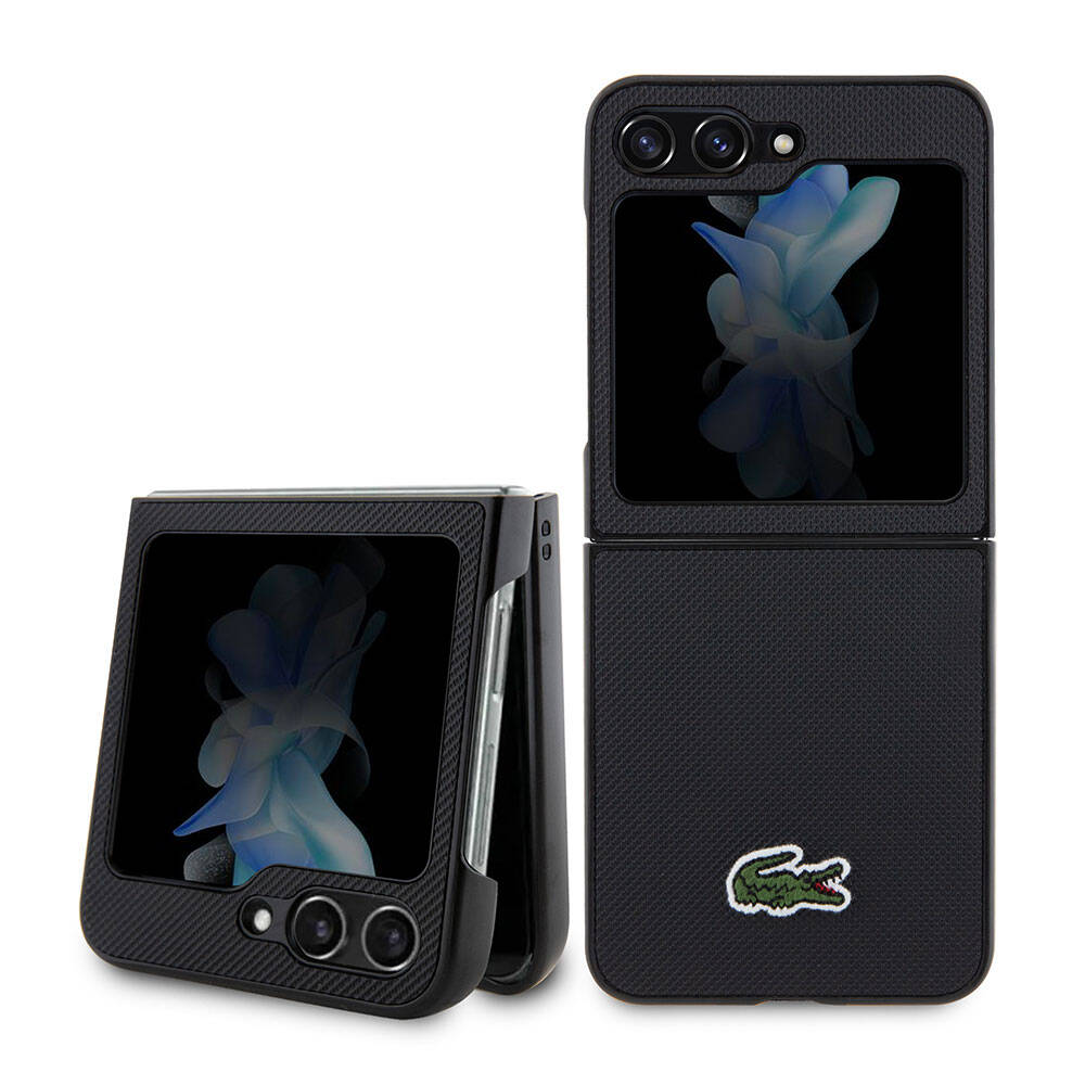 Galaxy Z Flip 5 Kılıf Lacoste Orjinal Lisanslı PU Pike Desenli Arka Yüzey İkonik Timsah Dokuma Logolu Kapak Siyah