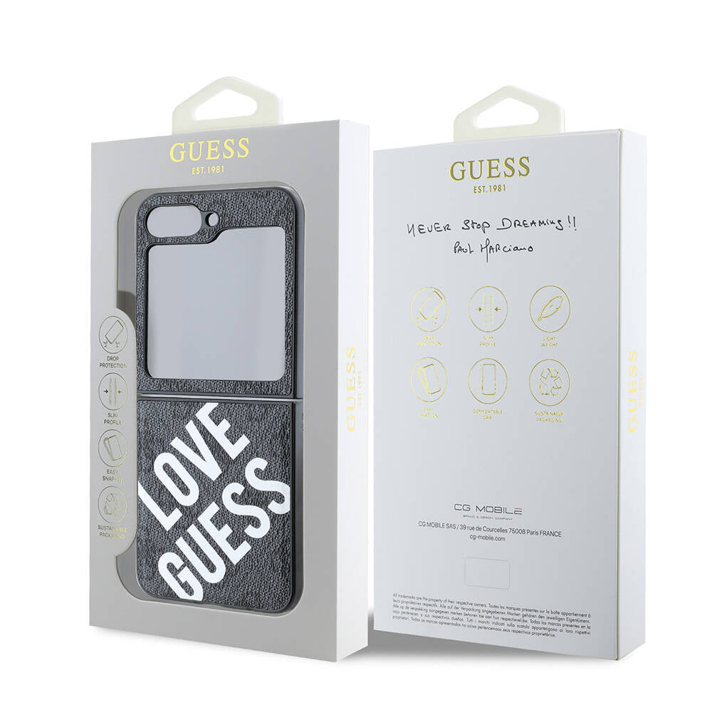 Galaxy Z Flip 6 Kılıf Guess Orjinal Lisanslı M-safe Şarj Özellikli Love Guess Printing Kapak Siyah