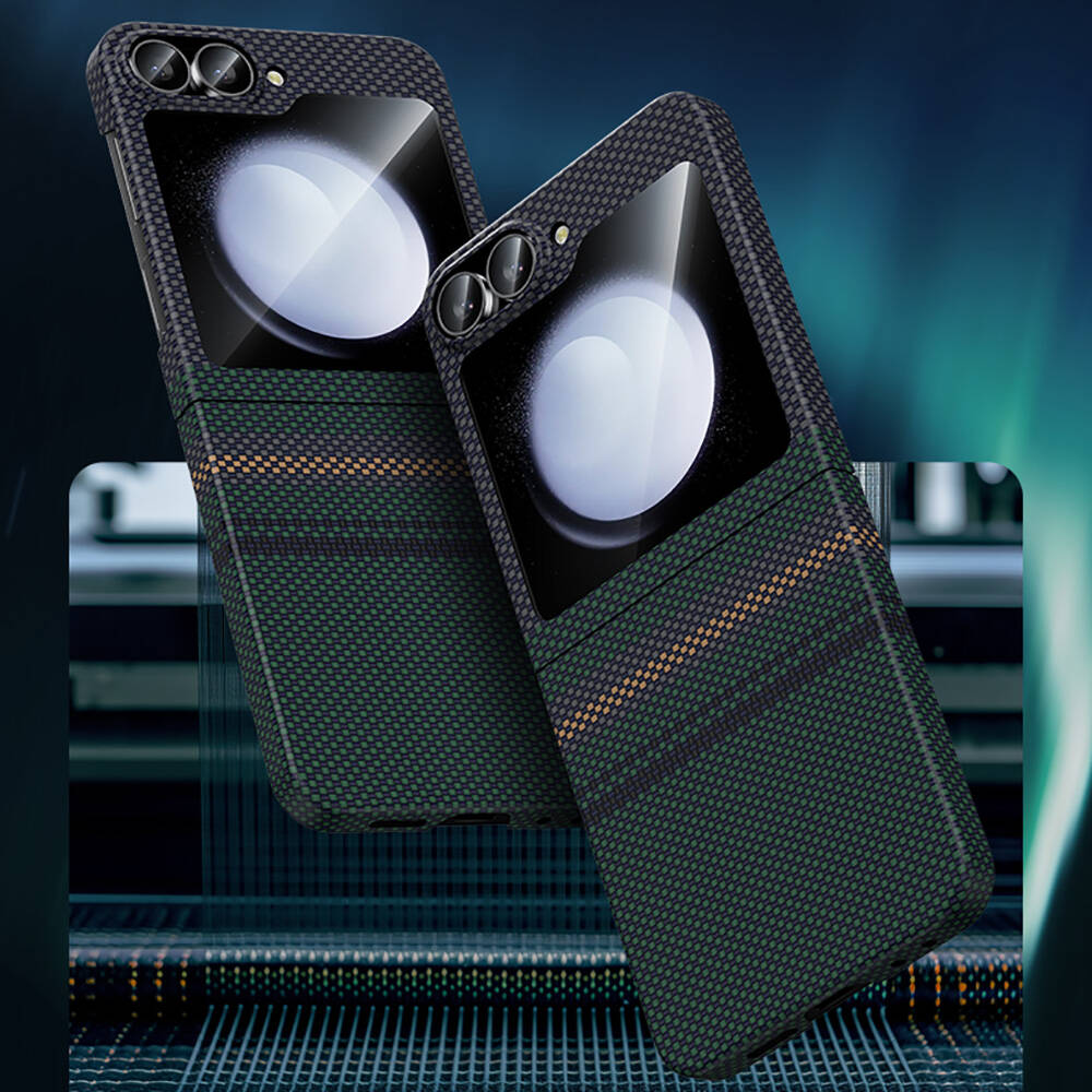 Galaxy Z Flip 6 Kılıf Karbon Fiber Tasarımlı Benks Aurora ArmorAir Kevlar Kapak Siyah