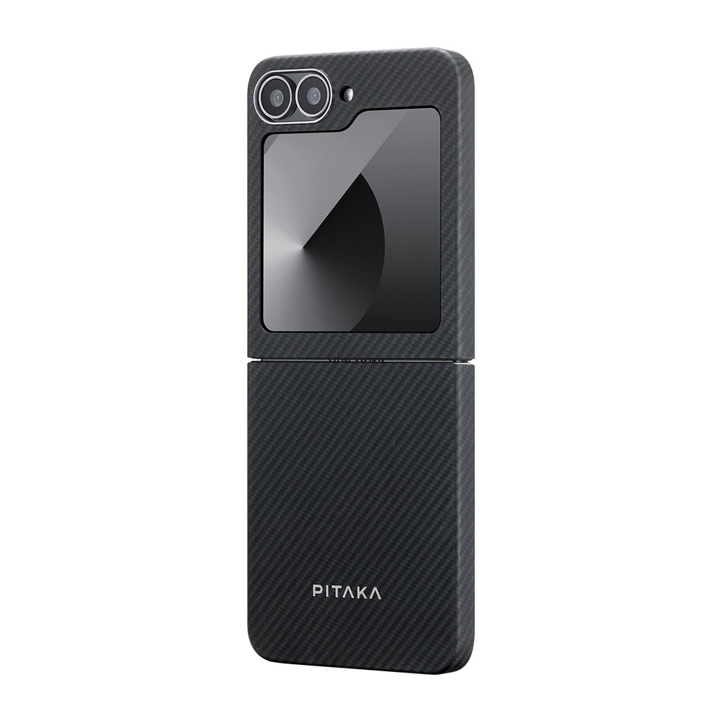 Galaxy Z Flip 6 Kılıf M-safe Şarj Özellikli 600D Aramid Fiber Pitaka Ultra-Slim Classic Serisi Black-Grey Twill Kapak Siyah-Gri