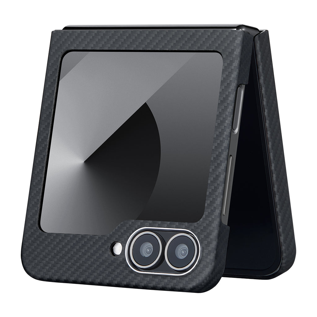 Galaxy Z Flip 6 Kılıf M-safe Şarj Özellikli 600D Aramid Fiber Pitaka Ultra-Slim Classic Serisi Black-Grey Twill Kapak Siyah-Gri