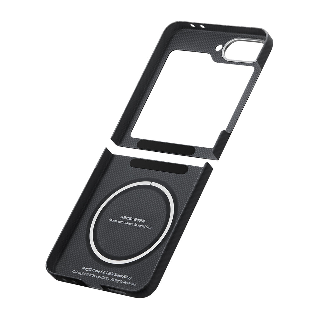 Galaxy Z Flip 6 Kılıf M-safe Şarj Özellikli 600D Aramid Fiber Pitaka Ultra-Slim Classic Serisi Black-Grey Twill Kapak Siyah-Gri