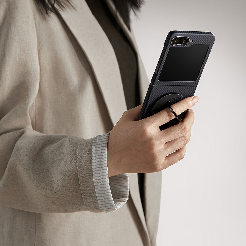 Galaxy Z Flip 6 Kılıf M-safe Şarj Özellikli 600D Aramid Fiber Pitaka Ultra-Slim Classic Serisi Black-Grey Twill Kapak Siyah-Gri