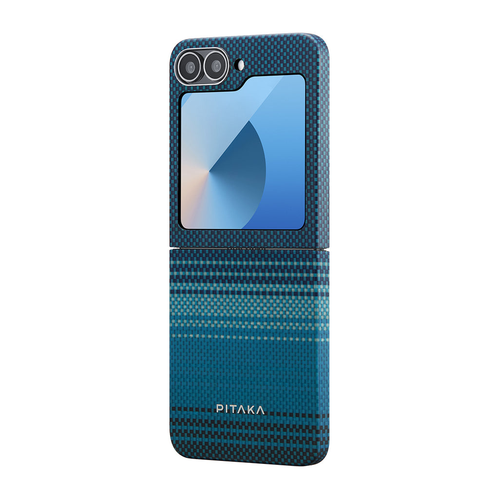 Galaxy Z Flip 6 Kılıf M-safe Şarj Özellikli Aramid Fiber Pitaka Tactile Woven Sunset-Moonrise Serisi Moonrise Kapak Mavi