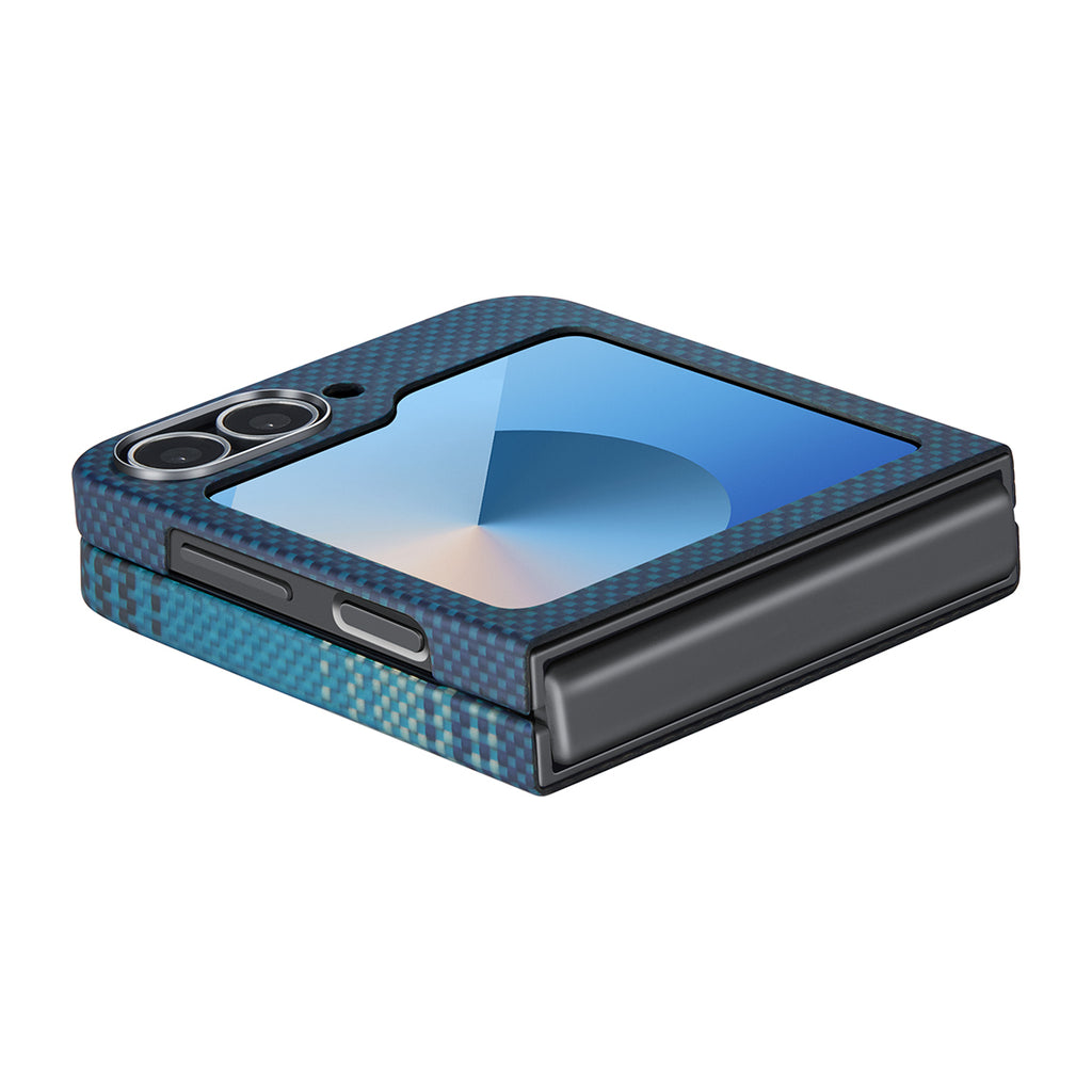 Galaxy Z Flip 6 Kılıf M-safe Şarj Özellikli Aramid Fiber Pitaka Tactile Woven Sunset-Moonrise Serisi Moonrise Kapak Mavi
