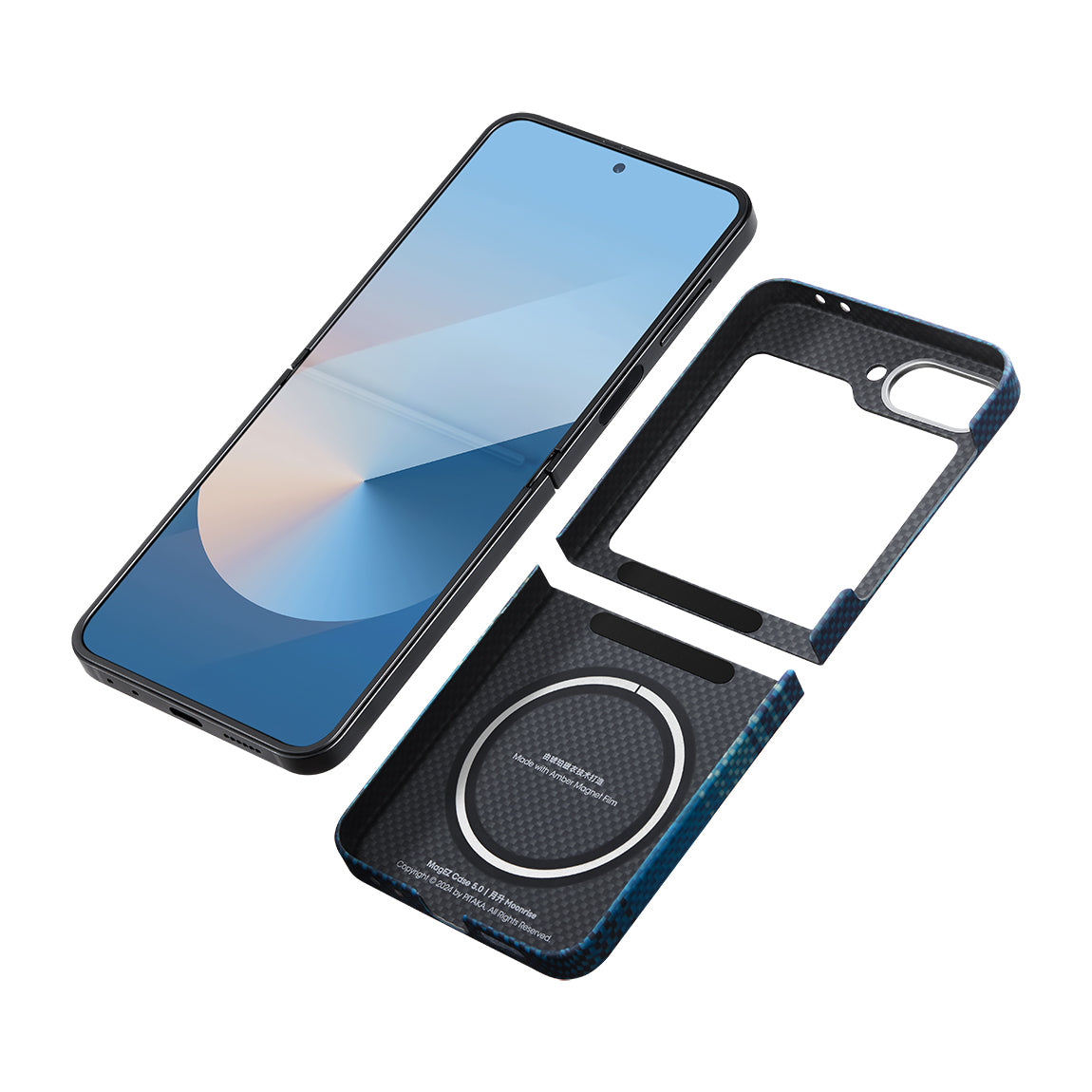 Galaxy Z Flip 6 Kılıf M-safe Şarj Özellikli Aramid Fiber Pitaka Tactile Woven Sunset-Moonrise Serisi Moonrise Kapak Mavi