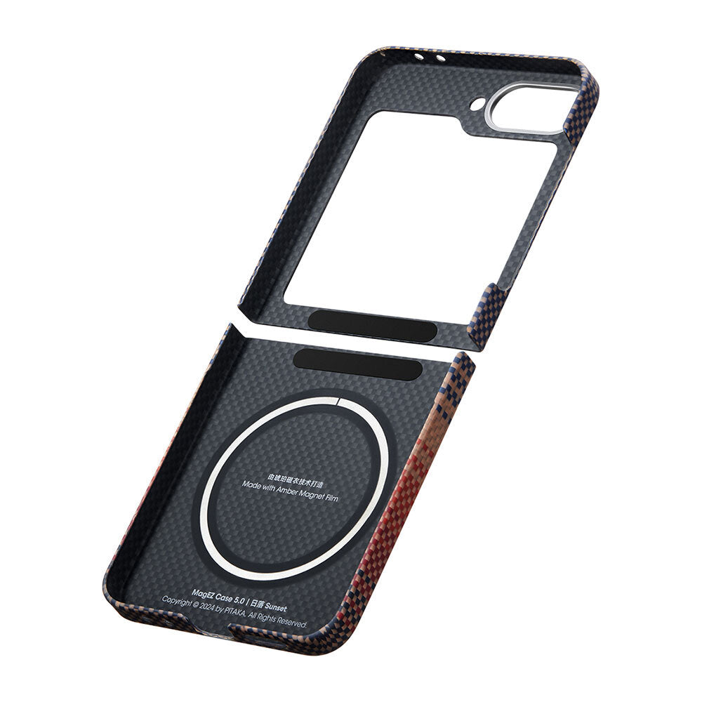 Galaxy Z Flip 6 Kılıf M-safe Şarj Özellikli Aramid Fiber Pitaka Tactile Woven Sunset-Moonrise Serisi Sunset Kapak Kahverengi