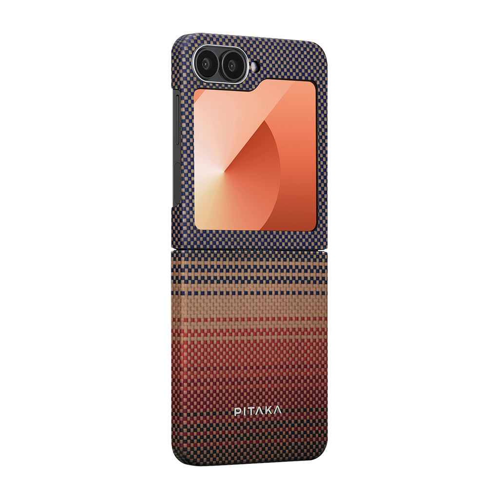 Galaxy Z Flip 6 Kılıf M-safe Şarj Özellikli Aramid Fiber Pitaka Tactile Woven Sunset-Moonrise Serisi Sunset Kapak Kahverengi