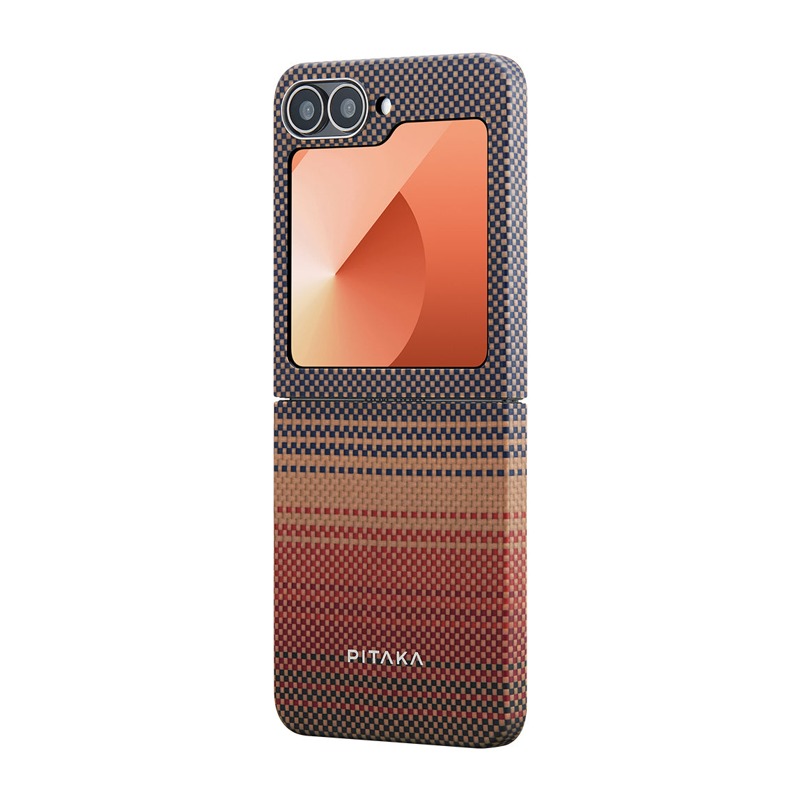 Galaxy Z Flip 6 Kılıf M-safe Şarj Özellikli Aramid Fiber Pitaka Tactile Woven Sunset-Moonrise Serisi Sunset Kapak Kahverengi