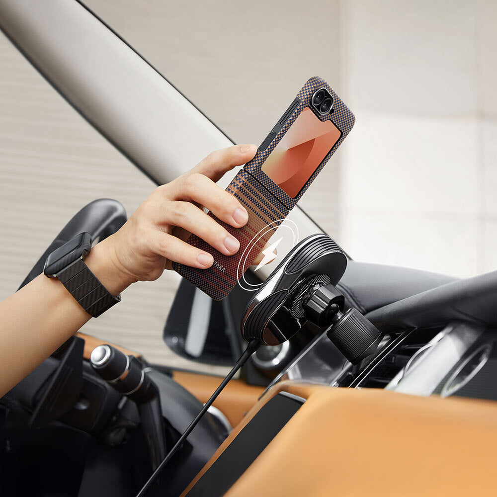 Galaxy Z Flip 6 Kılıf M-safe Şarj Özellikli Aramid Fiber Pitaka Tactile Woven Sunset-Moonrise Serisi Sunset Kapak Kahverengi