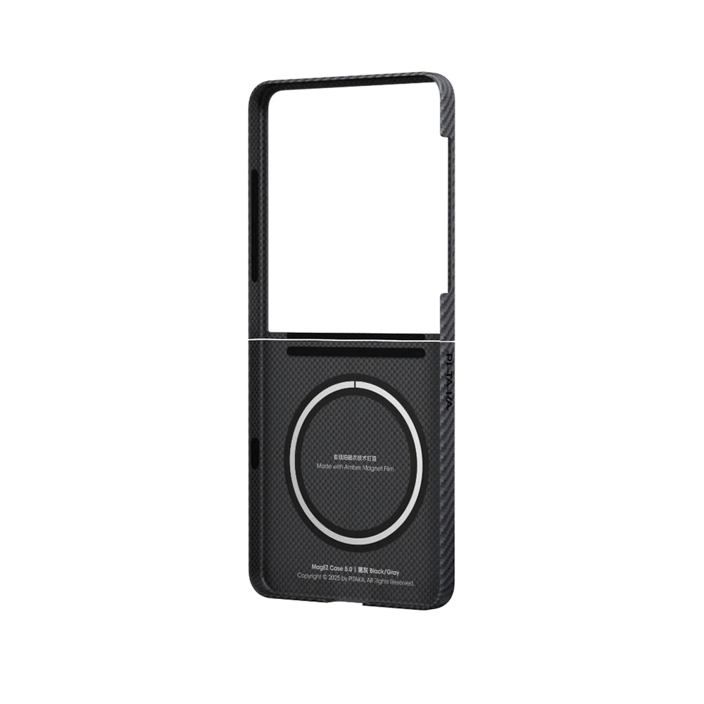 Galaxy Z Flip 7 Kılıf M-safe Şarj Özellikli 600D Aramid Fiber Pitaka Ultra-Slim Classic Serisi Black-Grey Twill Kapak Siyah-Gri