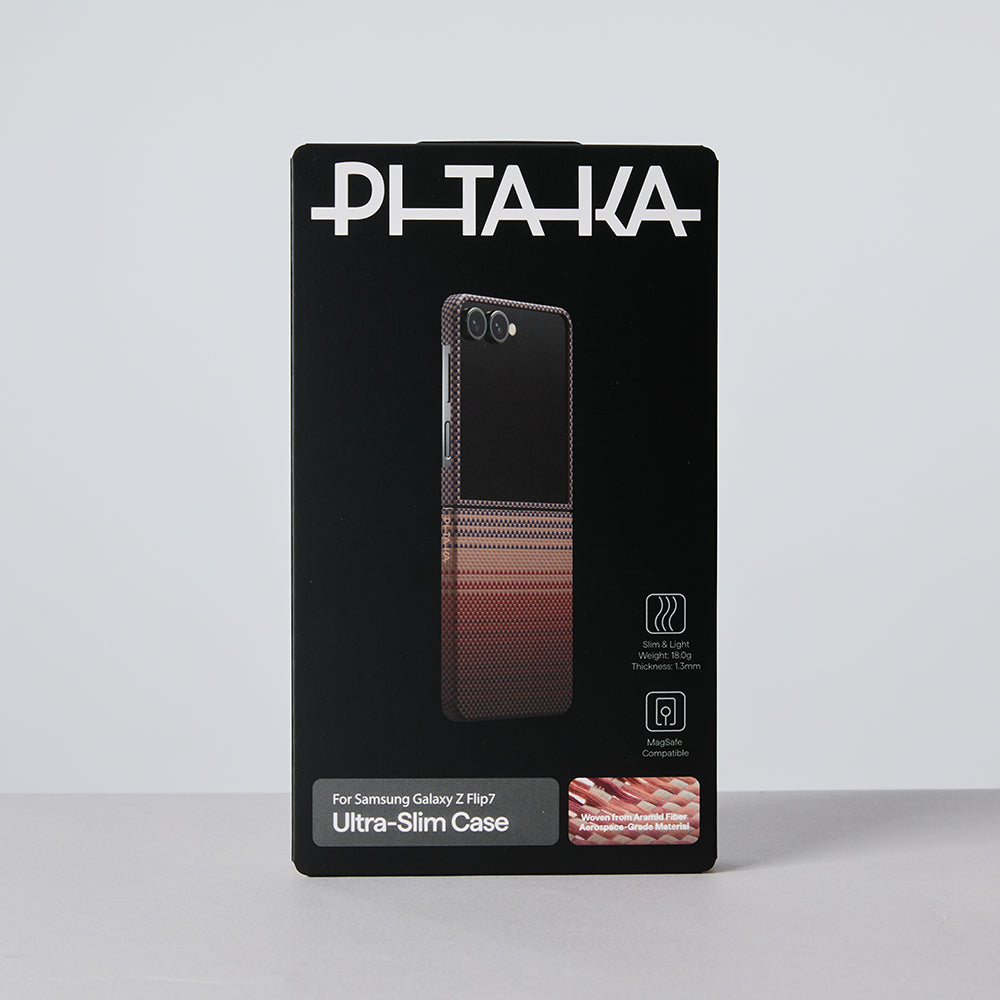Galaxy Z Flip 7 Kılıf M-safe Şarj Özellikli Aramid Fiber Pitaka Tactile Woven Sunset-Moonrise Serisi Kapak Kahverengi