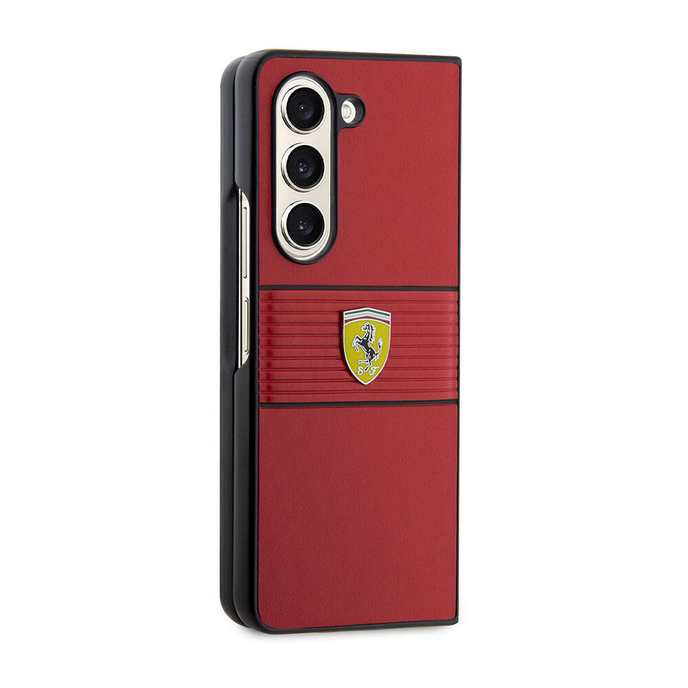 Galaxy Z Fold 5 Kılıf Ferrari Orjinal Lisanslı PU Deri Metal Logolu Multi Çizgili Kapak Kırmızı