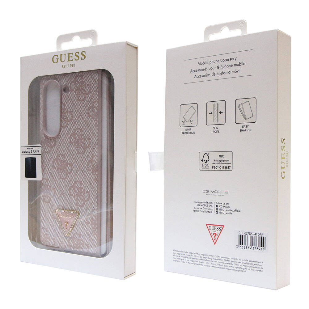 Galaxy Z Fold 5 Kılıf Guess Orjinal Lisanslı PU Deri Taşlı Üçgen Logo 4G Desenli Strass Kapak Pembe