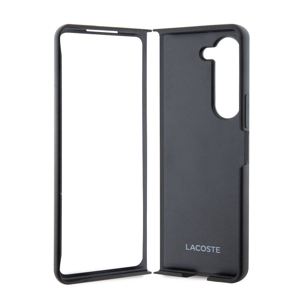 Galaxy Z Fold 5 Kılıf Lacoste Orjinal Lisanslı PU Pike Desenli Arka Yüzey İkonik Timsah Dokuma Logolu Kapak Siyah