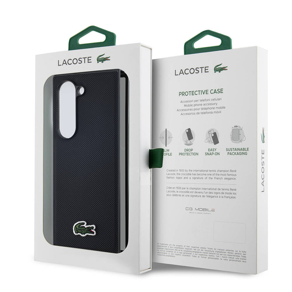 Galaxy Z Fold 6 Kılıf Lacoste Orjinal Lisanslı PU Pike Desenli Arka Yüzey İkonik Timsah Dokuma Logolu Kapak Siyah