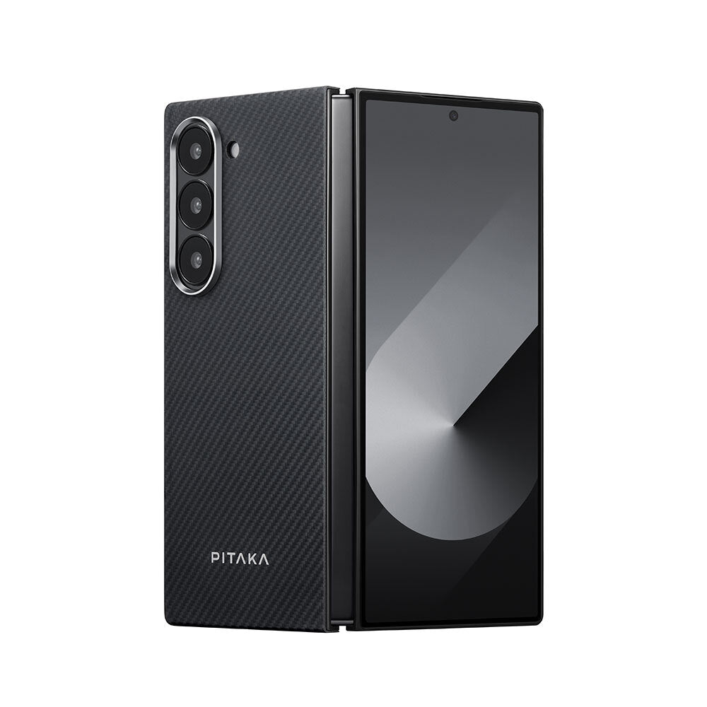 Galaxy Z Fold 6 Kılıf M-safe Şarj Özellikli 600D Aramid Fiber Pitaka Ultra-Slim Classic Serisi Black-Grey Twill Kapak Siyah-Gri