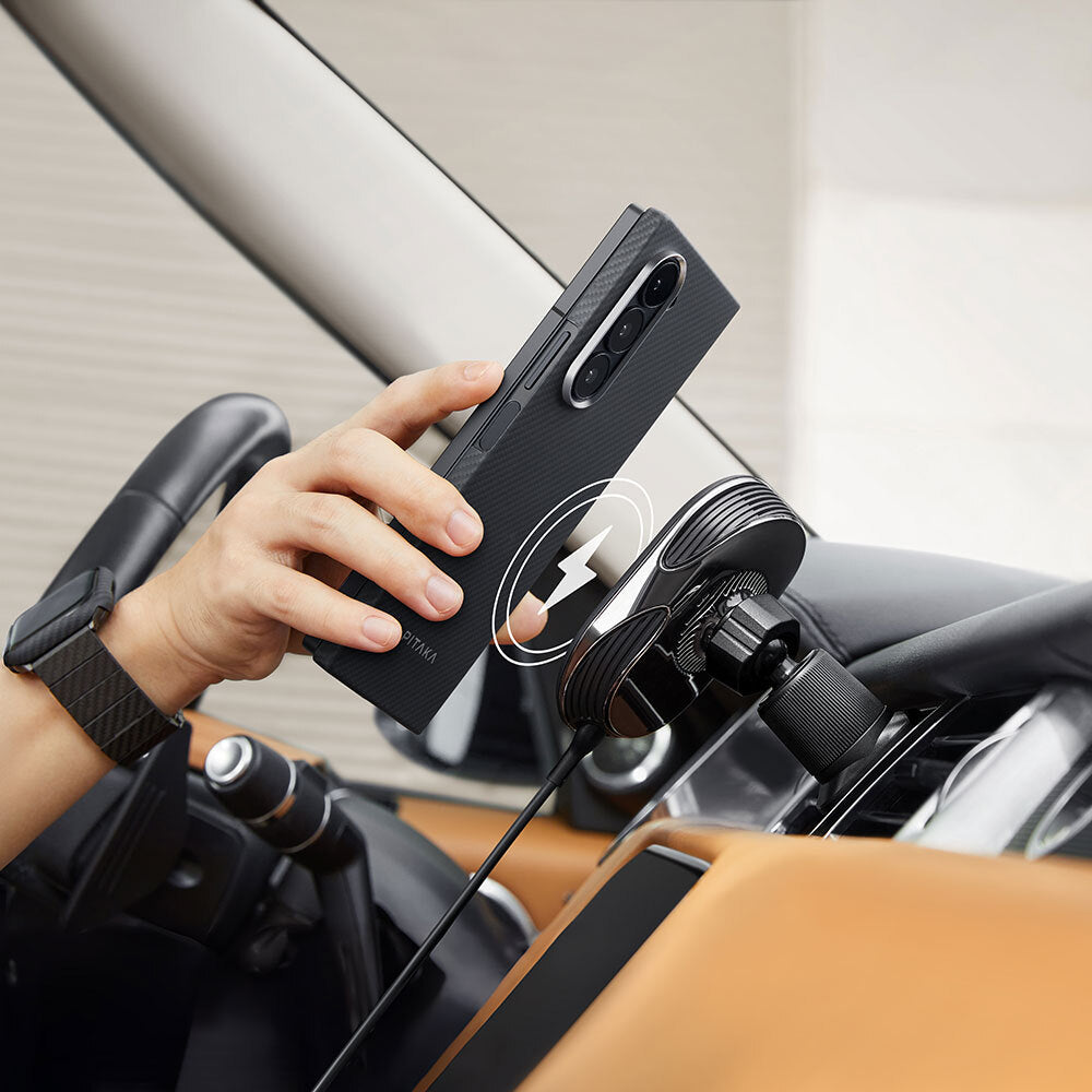 Galaxy Z Fold 6 Kılıf M-safe Şarj Özellikli 600D Aramid Fiber Pitaka Ultra-Slim Classic Serisi Black-Grey Twill Kapak Siyah-Gri