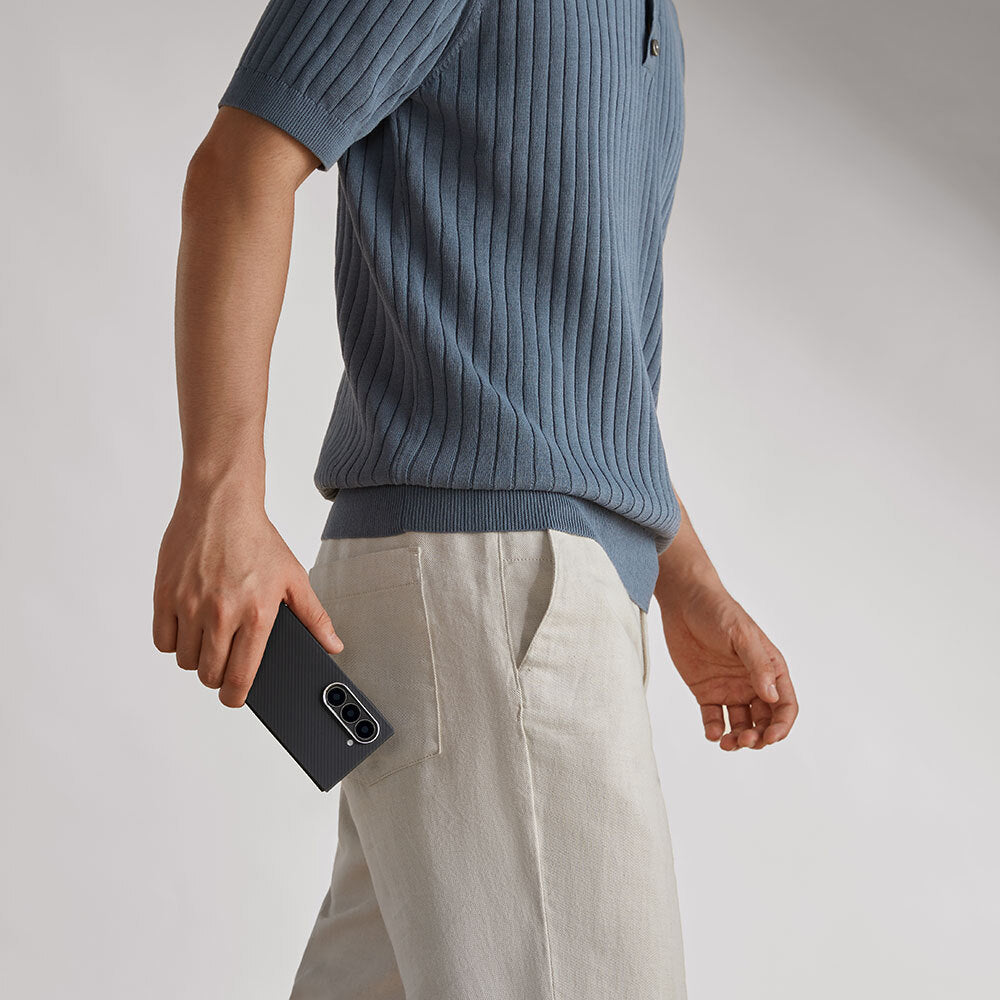 Galaxy Z Fold 6 Kılıf M-safe Şarj Özellikli 600D Aramid Fiber Pitaka Ultra-Slim Classic Serisi Black-Grey Twill Kapak Siyah-Gri