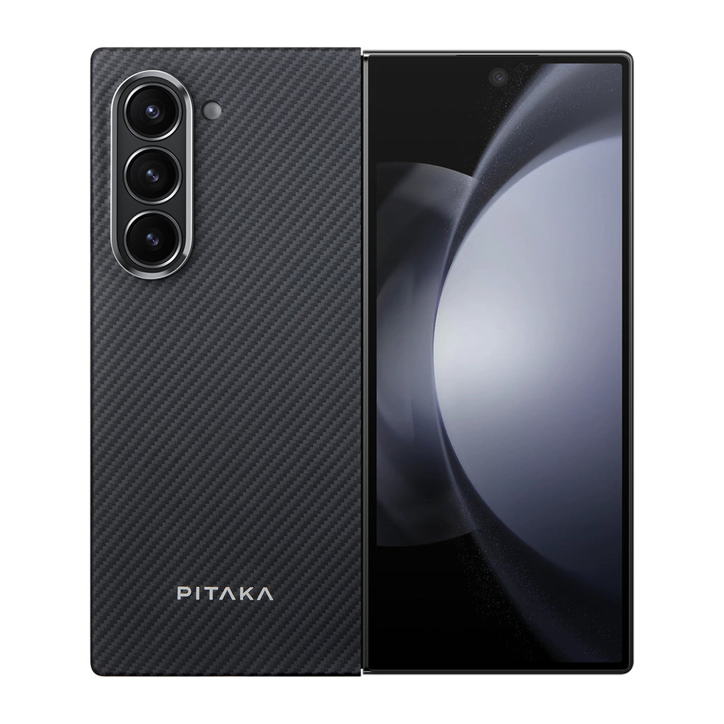 Galaxy Z Fold 6 Kılıf M-safe Şarj Özellikli 600D Aramid Fiber Pitaka Ultra-Slim Classic Serisi Black-Grey Twill Kapak Siyah-Gri