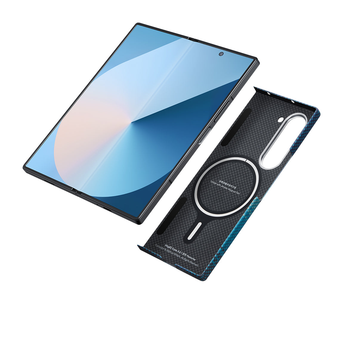 Galaxy Z Fold 6 Kılıf M-safe Şarj Özellikli Aramid Fiber Pitaka Tactile Woven Sunset-Moonrise Serisi Moonrise Kapak Mavi