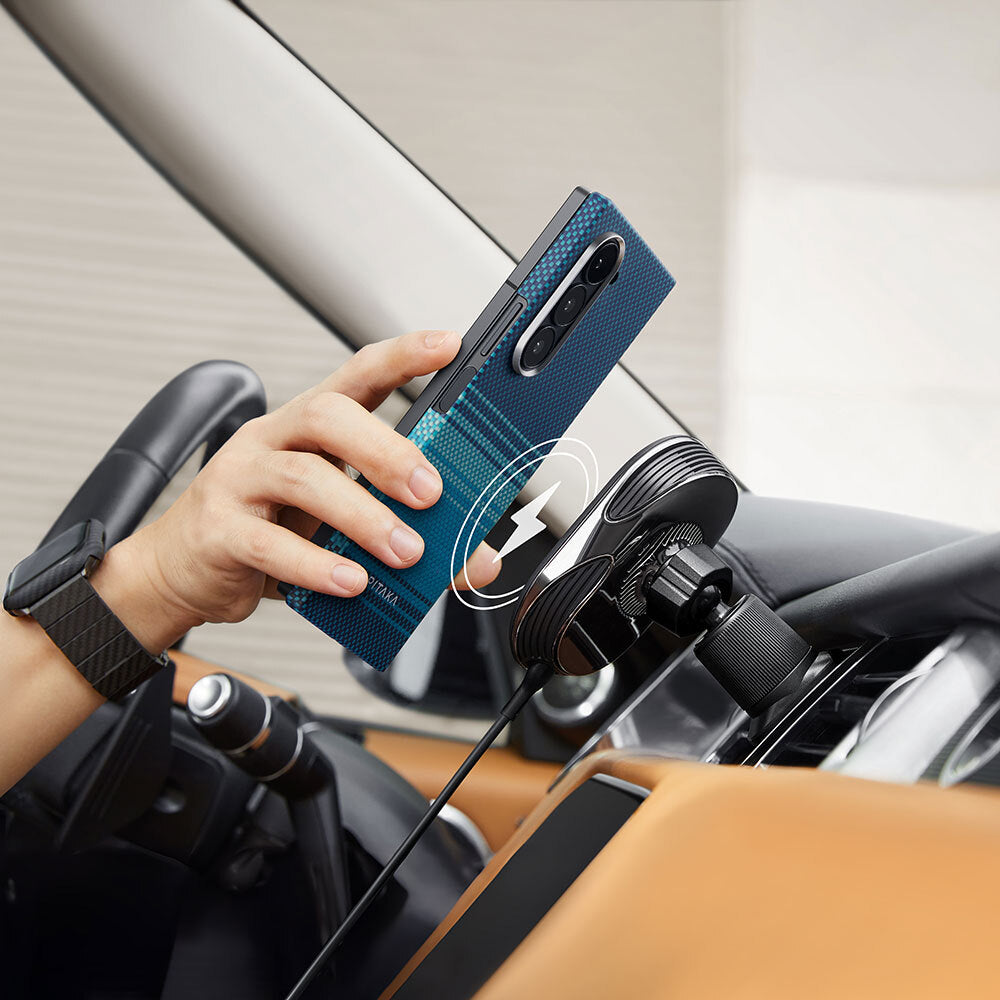 Galaxy Z Fold 6 Kılıf M-safe Şarj Özellikli Aramid Fiber Pitaka Tactile Woven Sunset-Moonrise Serisi Moonrise Kapak Mavi