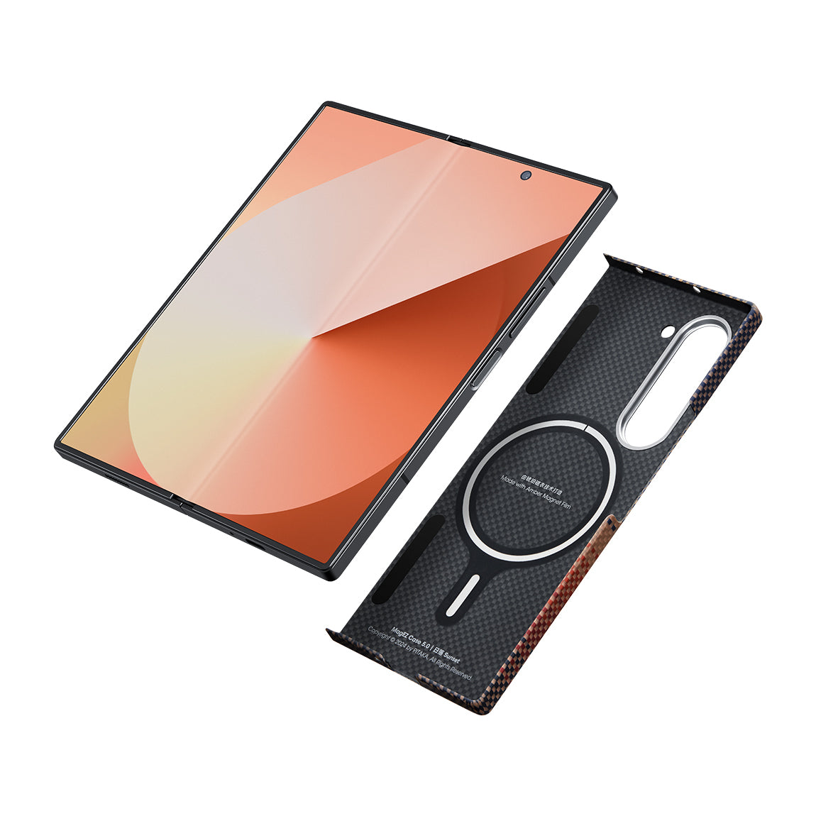 Galaxy Z Fold 6 Kılıf M-safe Şarj Özellikli Aramid Fiber Pitaka Tactile Woven Sunset-Moonrise Serisi Sunset Kapak Kahverengi