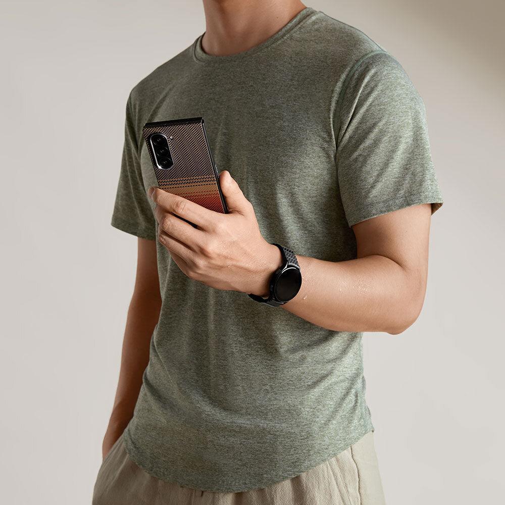 Galaxy Z Fold 6 Kılıf M-safe Şarj Özellikli Aramid Fiber Pitaka Tactile Woven Sunset-Moonrise Serisi Sunset Kapak Kahverengi