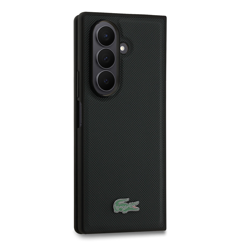 Galaxy Z Fold 7 Kılıf Lacoste Orjinal Lisanslı M-safe Şarj Özellikli Pike Desenli Arka Yüzey İkonik Timsah Metal Logolu Kapak Siyah