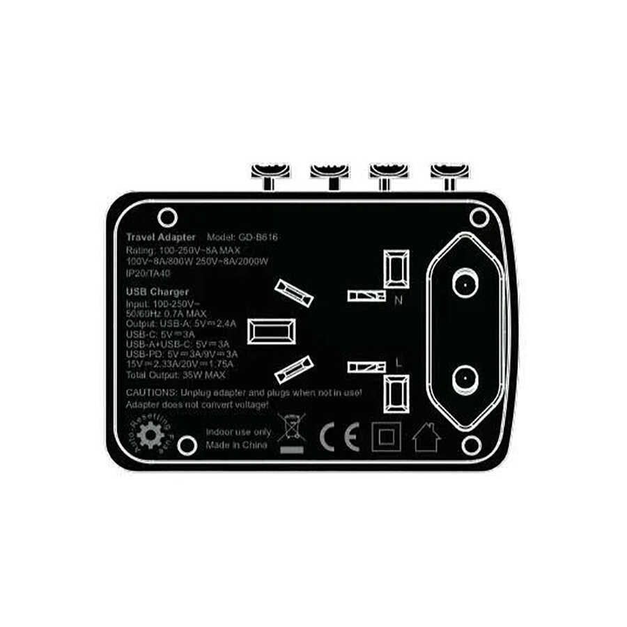 Go Des GD-B616 Çoklu Universal TR/US/UK/AUS/EU Uyumlu Şarj Adaptörü Max 35W Siyah