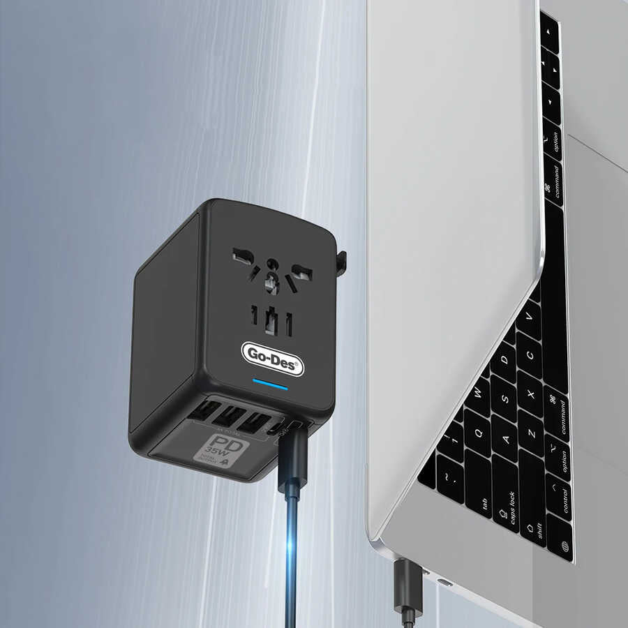 Go Des GD-B616 Çoklu Universal TR/US/UK/AUS/EU Uyumlu Şarj Adaptörü Max 35W Siyah