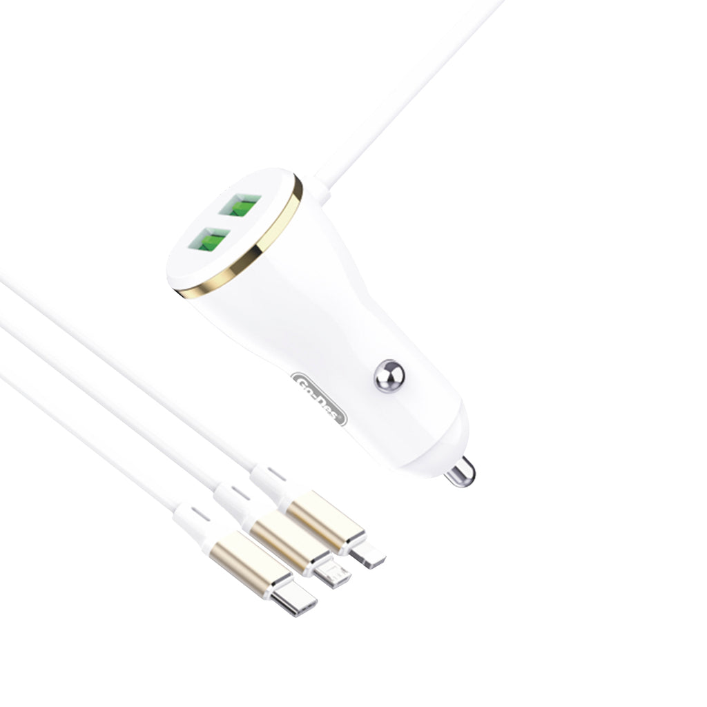 Go Des GD-CC202 5 in 1 5A Hızlı Şarj Çift USB-A ve Micro Type-C Lightning Kablolu Araç Şarj Aleti Beyaz