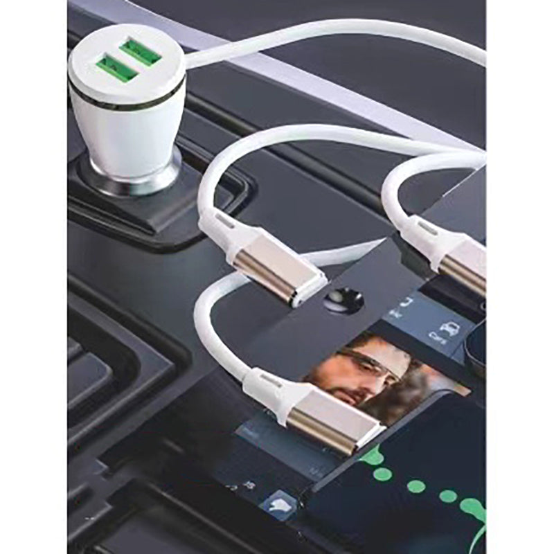 Go Des GD-CC202 5 in 1 5A Hızlı Şarj Çift USB-A ve Micro Type-C Lightning Kablolu Araç Şarj Aleti Beyaz