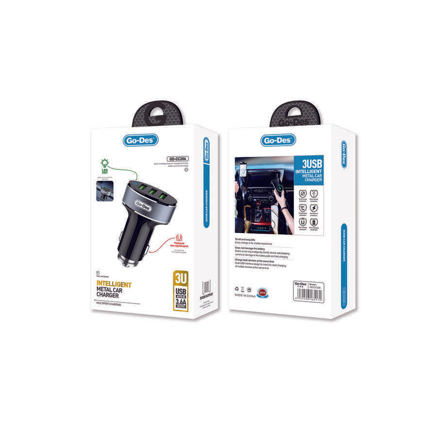 Go Des GD-CC206 3 Usbli Led Işıklı Metal Araç Şarj Başlığı 3.6A Siyah