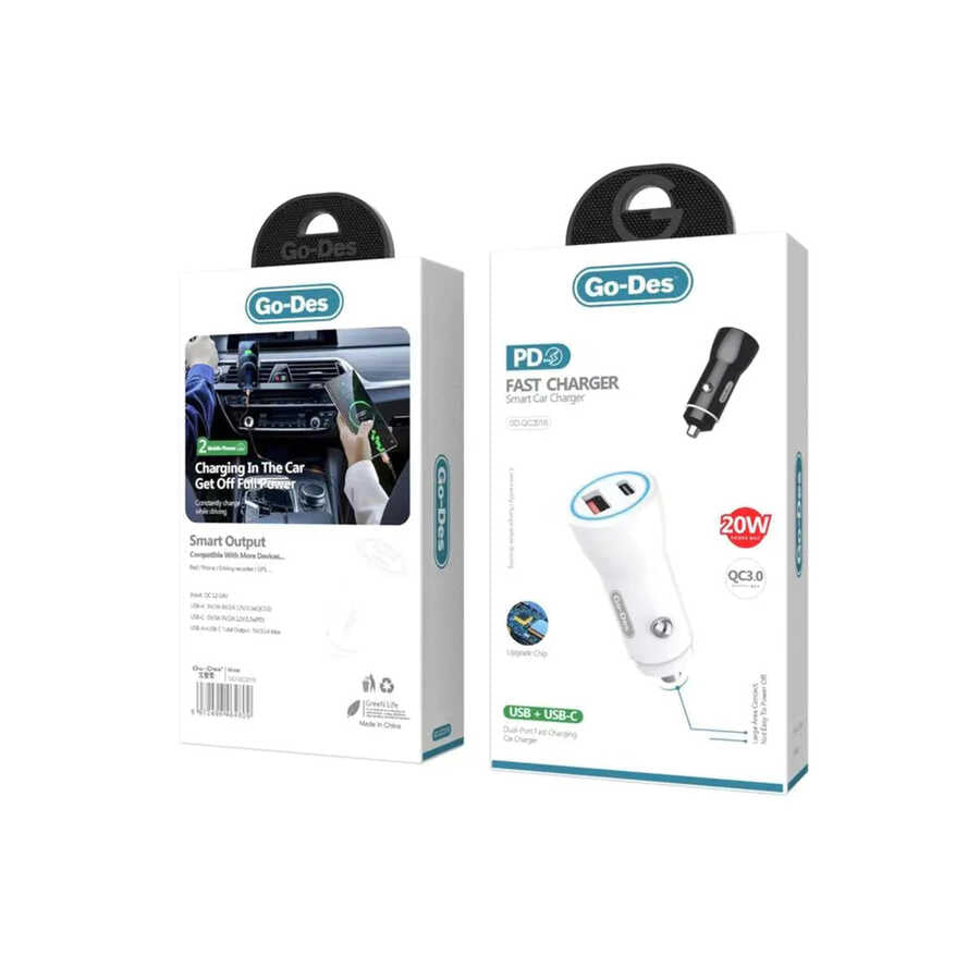 Go Des GD-QC2016 Hızlı Şarj Çift Port PD Araç Şarj Aleti 20W Max Siyah